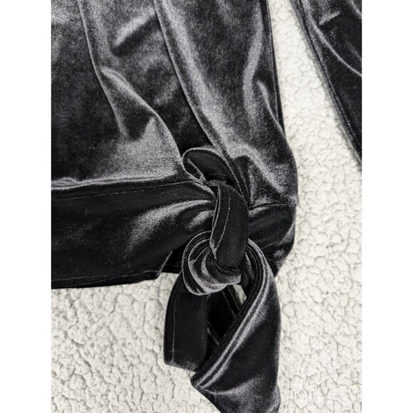 J JILL Crushed Velvet Elastic Collar And Cuffs Shirt XS Chic Black Front Tie - Picture 5 of 11